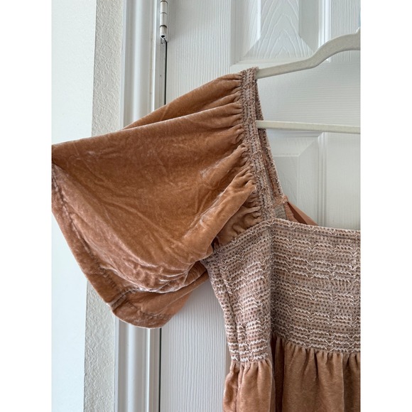 Free People Easy to Love Mini Dress Velvet Smocked Ruffle Babydoll Bohemian - Picture 5 of 9